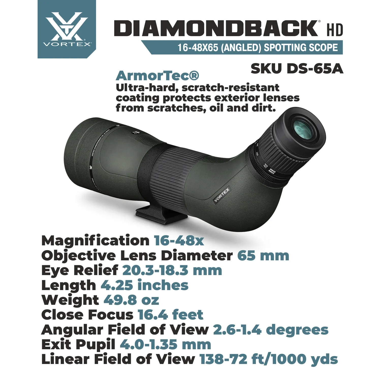 Vortex Optics Diamondback HD Spotting Scope 16-48x65 Angled (DS-65A)