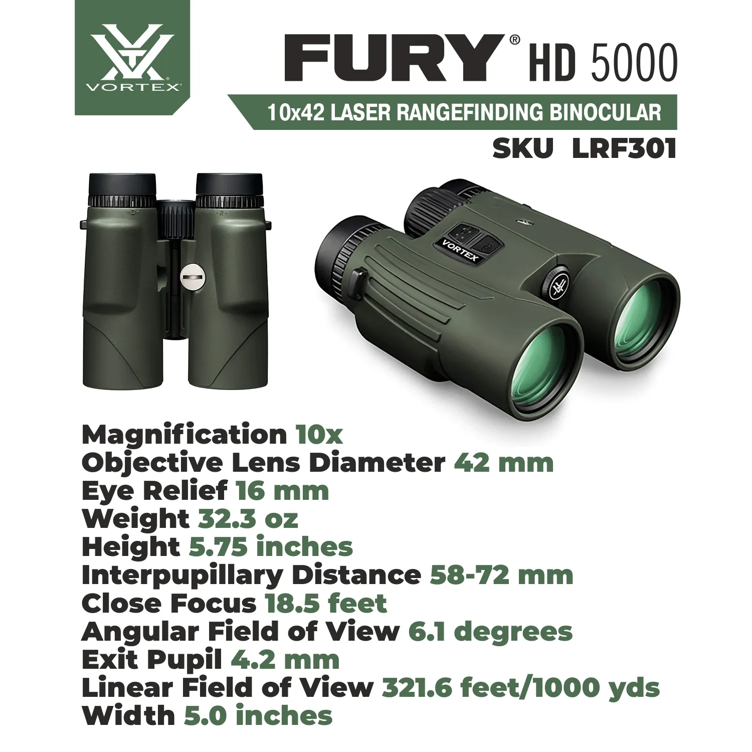 Vortex Optics Fury HD 5000 Roof Prism Laser Rangefinder Binocular (LRF301)