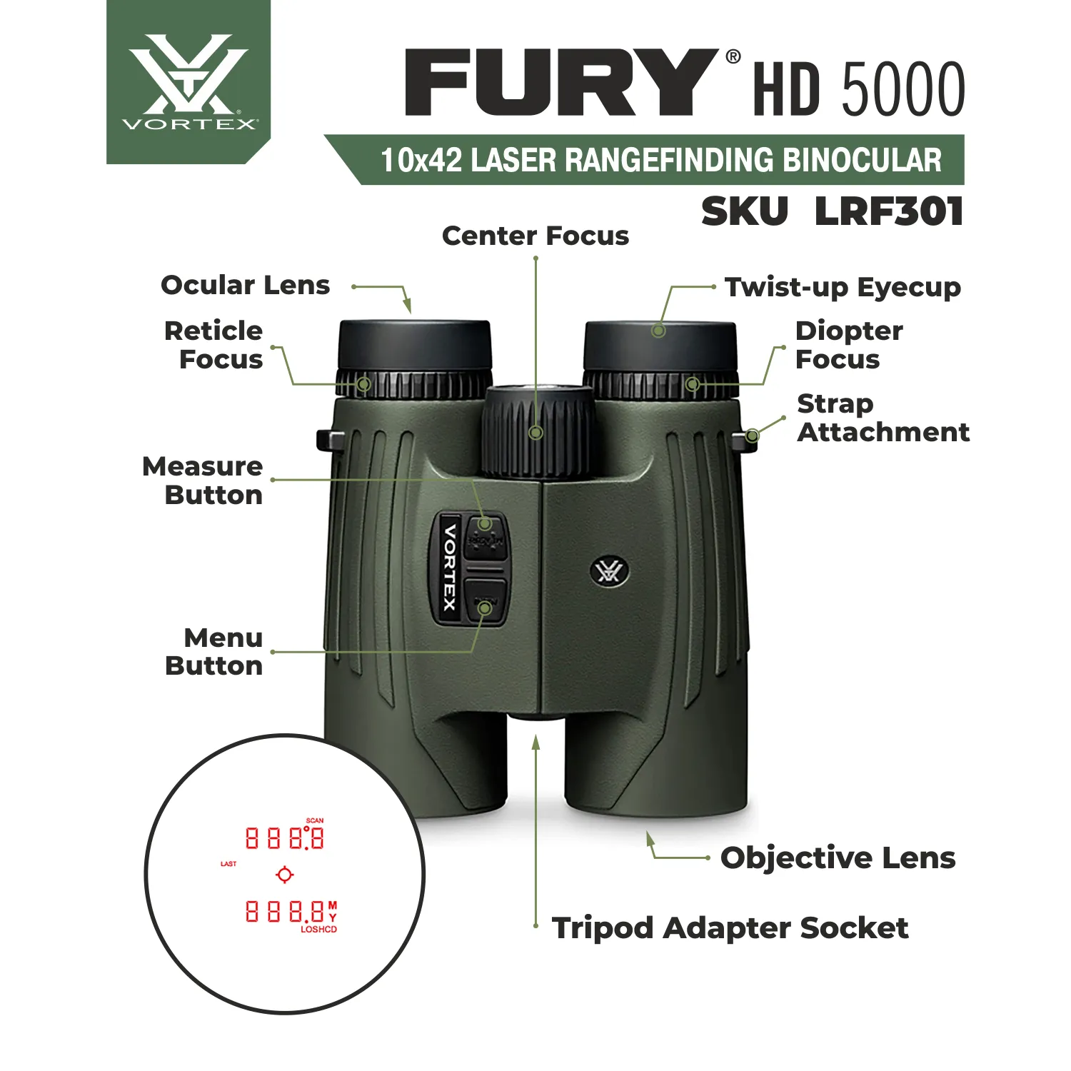 Vortex Optics Fury HD 5000 Roof Prism Laser Rangefinder Binocular (LRF301)