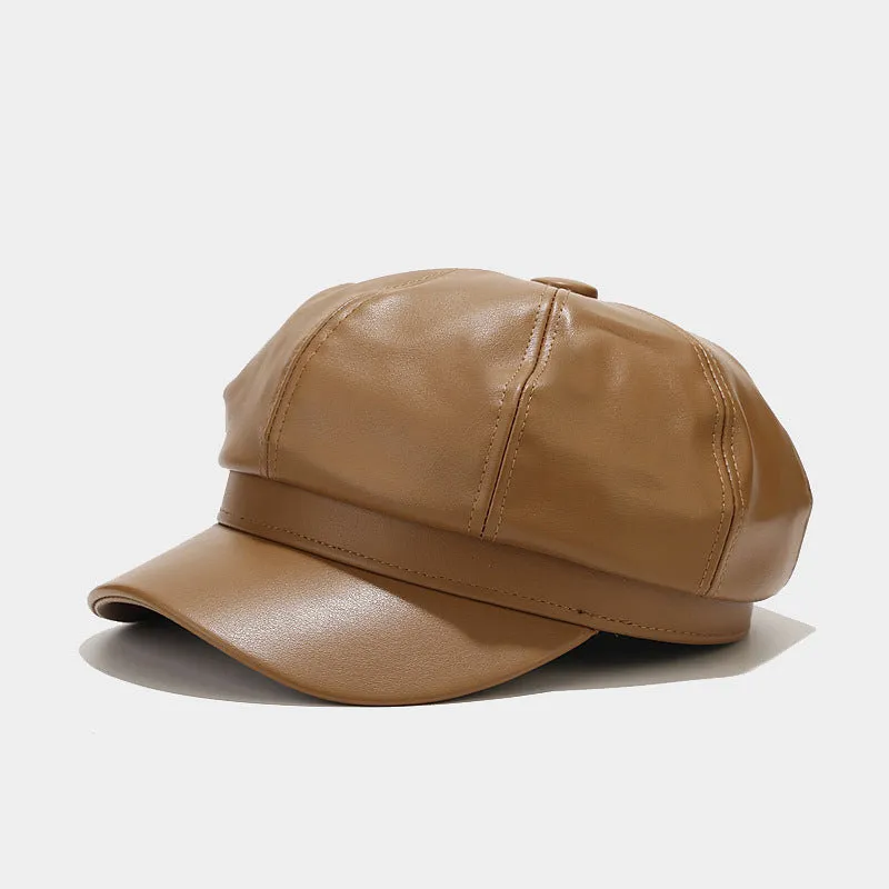 Wholesale Autumn and Winter Retro Casual Solid Color British Style Leather Peaked Cap