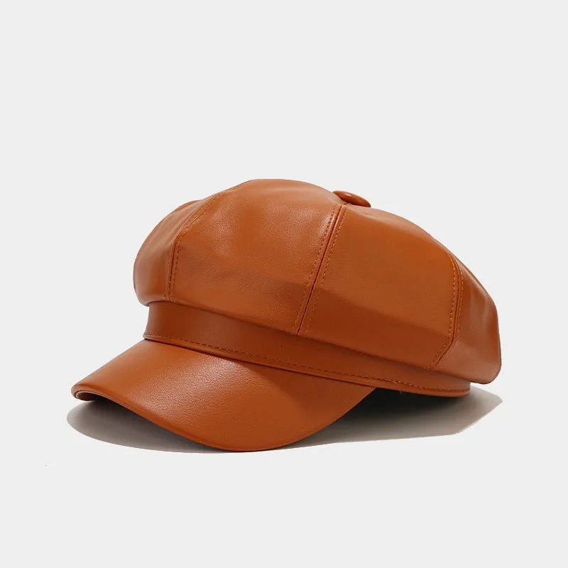 Wholesale Autumn and Winter Retro Casual Solid Color British Style Leather Peaked Cap