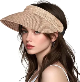 Women Foldable Sun Visor Hat Adjustable Straw Ponytail Summer Beach Cap UV Protection